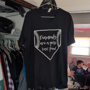 Abella Black V-Neck Tee with White Home-Plate Graphic and Script